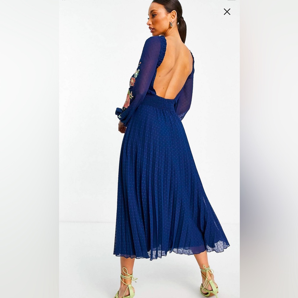 Navy Embroidered Pleated Midi Dress with Open Back - Picture 1 of 4